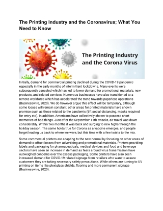 The Printing Industry and the Coronavirus; What You Need to Know