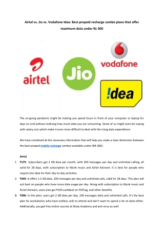 Airtel vs. Jio vs. Vodafone Idea: Best prepaid recharge combo plans that offer maximum data under Rs 300