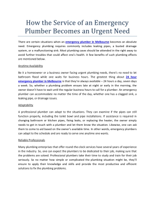 How the Service of an Emergency Plumber Becomes an Urgent Need