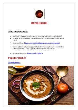 5% Off - Royal Haandi Menu - Indian restaurant Stepney, SA