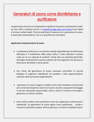 Generatori di ozono come disinfettante e purificatore