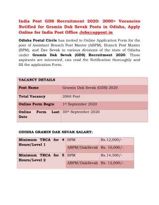 India Post GDS Recruitment 2020: 2000  Vacancies Notified for Gramin Dak Sevak Posts in Odisha, Apply Online for India P