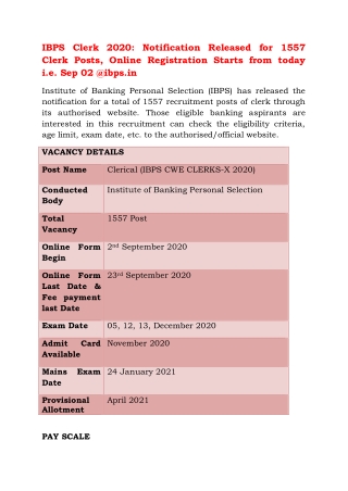 IBPS Clerk 2020: Notification Released for 1557 Clerk Posts, Online Registration Starts from today i.e. Sep 02 @ibps.in