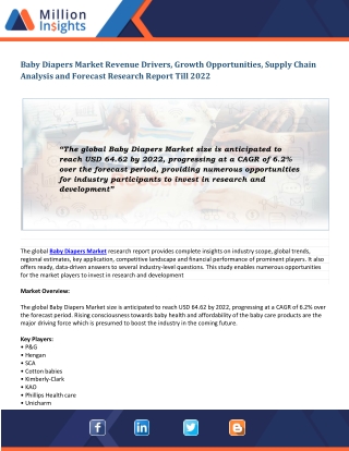 Baby Diapers Market Manufacturing Cost Structure, Leading Distributors and Forecast