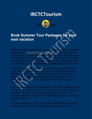 Book Summer Tour Packages for your next vacation