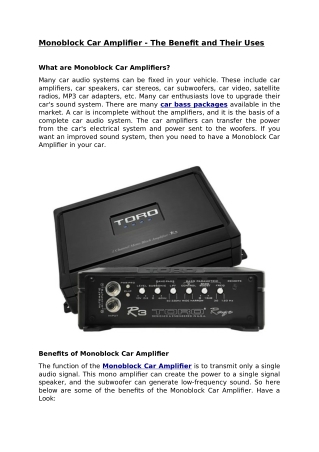 Monoblock Car Amplifier - The Benefit and Their Uses