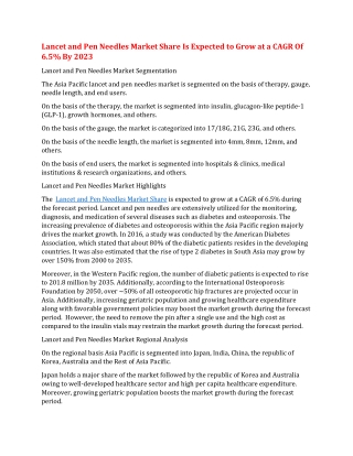 Lancet and Pen Needles Market Share Is Expected to Grow at a CAGR Of 6.5% By 2023