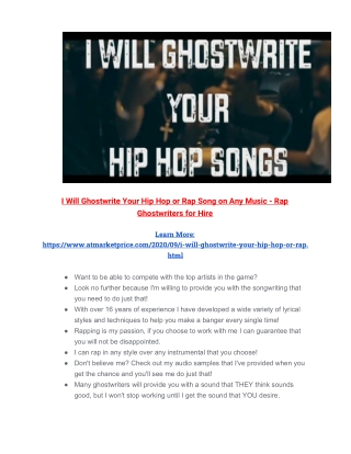 I Will Ghostwrite Your Hip Hop or Rap Song on Any Music - Rap Ghostwriters for Hire