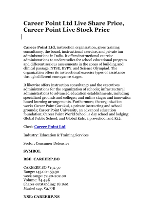 Career Point Ltd Live Share Price, Career Point Live Stock Price