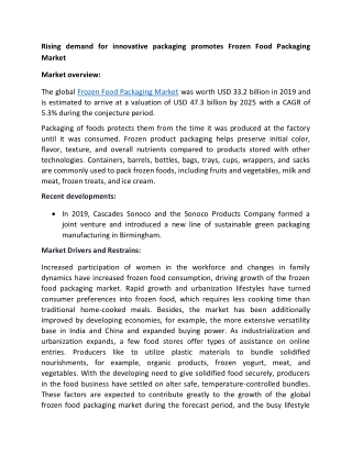 Rising demand for innovative packaging promotes Frozen Food Packaging Market
