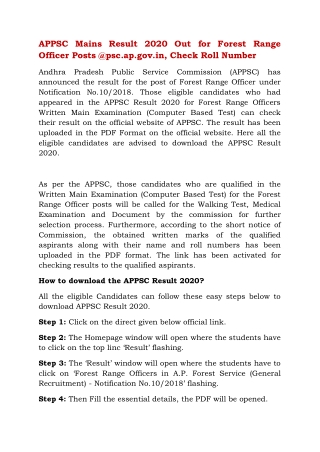 APPSC Mains Result 2020 Out for Forest Range Officer Posts @psc.ap.gov.in, Check Roll Number