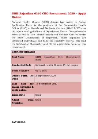 NHM Rajasthan 6310 CHO Recruitment 2020 – Apply Online