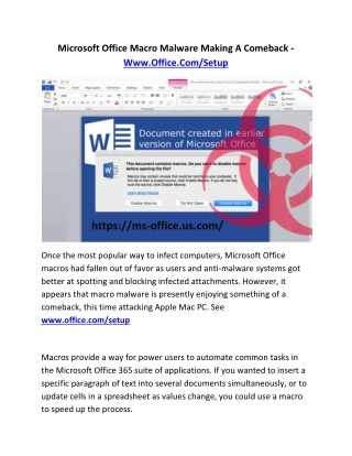 Microsoft Office Macro Malware Making A Comeback - Www.Office.Com/Setup