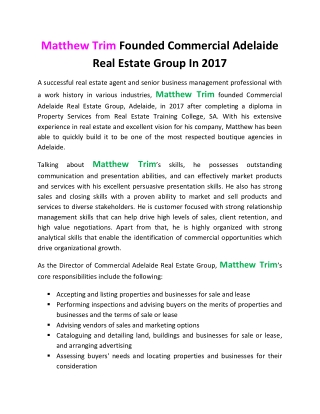 Matthew Trim Founded Commercial Adelaide Real Estate Group In 2017