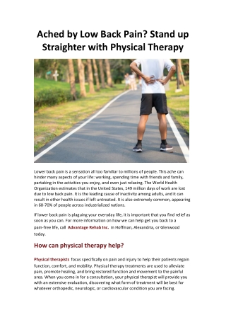 Ached by Low Back Pain? Stand up Straighter with Physical Therapy