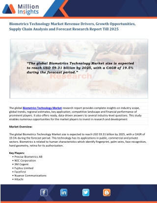Biometrics Technology Market Regional Analysis, Segmentations, and Key Applications Analysis, 2025