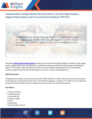 Antimicrobial Coatings Market Business Opportunities and Revenue Driving Factors Analysis, 2025
