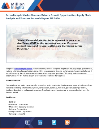 Formaldehyde Market Worldwide Opportunities, Prominent Players, and Growth Drivers, 2020