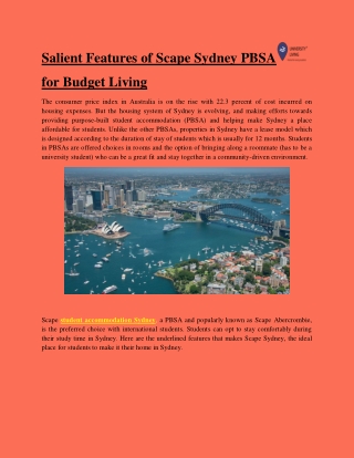 Salient Features of Scape Sydney PBSA   for Budget Livin