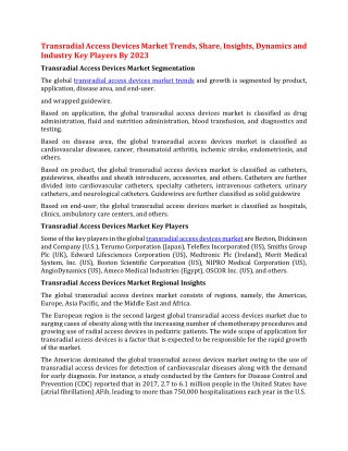 Transradial Access Devices Market Trends, Share, Insights, Dynamics and Industry Key Players By 2023