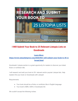 I Will Submit Your Book to 25 Relevant Listopia Lists on Goodreads - Add a Book to a Listopia List