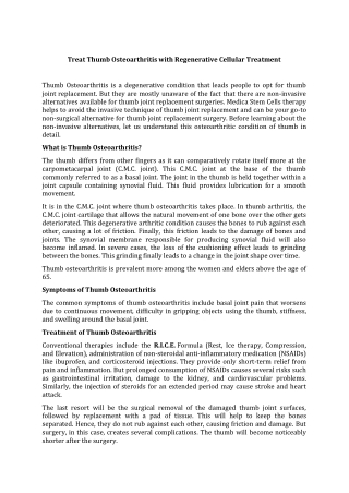 Treat Thumb Osteoarthritis with Regenerative Cellular Treatment