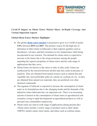 Oleate Esters Market- Positive Long Term Growth Outlook by 2027