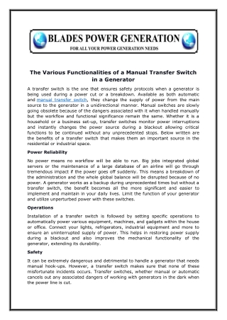 The Various Functionalities of a Manual Transfer Switch in a Generator