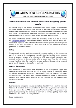 Generators with ATS provide constant emergency power supply