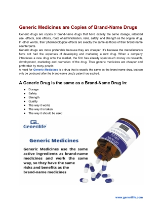 Generic Medicines are Copies of Brand-Name Drugs
