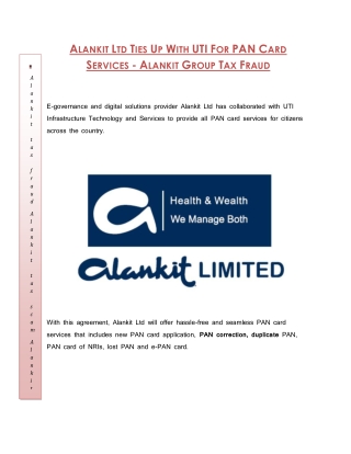 Alankit Ltd Ties Up With UTI For PAN Card Services - Alankit Group Tax Fraud