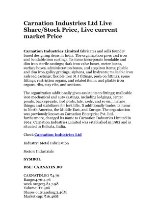 Carnation Industries Ltd Live Share/Stock Price, Live current market Price