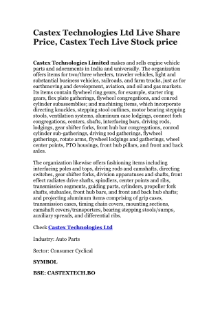 Castex Technologies Ltd Live Share Price, Castex Tech Live Stock price