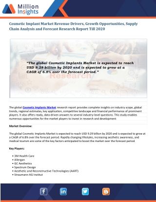 Cosmetic Implant Market Size Analysis, Segmentation, Industry Outlook and Forecasts, 2020