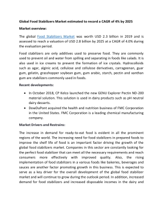 Demand for baked goods propels demand in Global Food Stabilizers Market