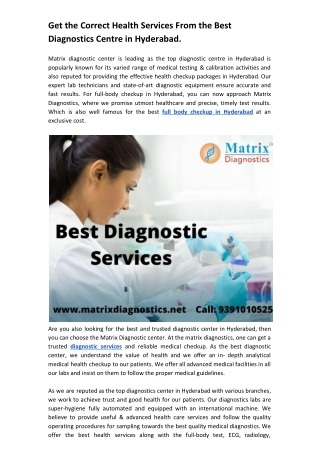 Get the Correct Health Services From the Best Diagnostics Centre in Hyderabad.