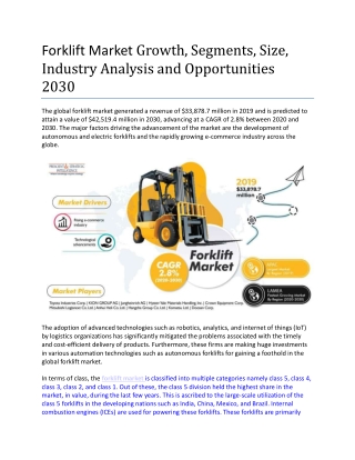 Forklift Market Analysis and Opportunities 2030