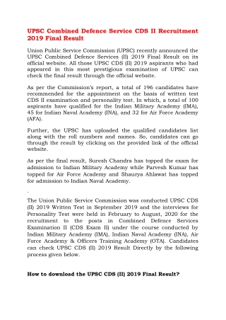 UPSC Combined Defence Service CDS II Recruitment 2019 Final Result