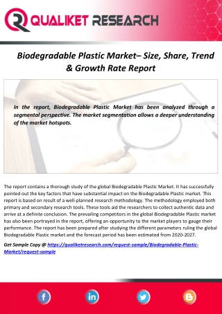 Global Biodegradable Plastic Market  Size, Share, Trend and Forecast Analysis Report 2020-2027