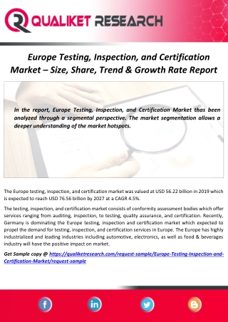 Global Europe Testing, Inspection and Certification Market  Trend,End-User,Demand, Supply, Production, Consumption, Expo