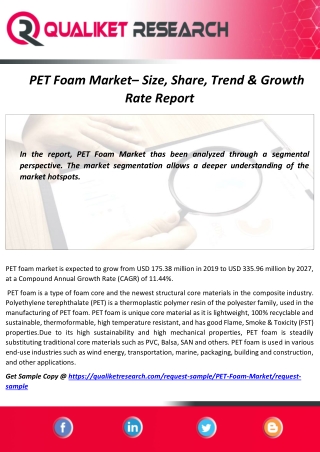 Global PET Foam Market Size, Share, Trend, Growth, Application and forecast Analysis Report 2020-2027