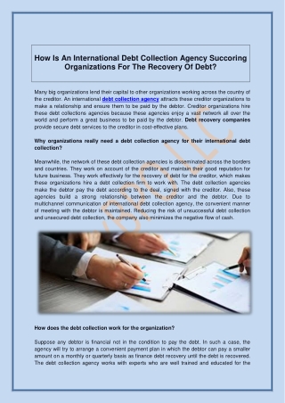 Debt Collection Agency Succoring Organizations For The Recovery Of Debt?