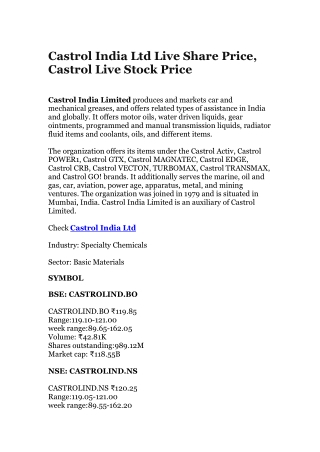 Castrol India Ltd Live Share Price, Castrol Live Stock Price