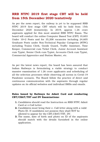 RRB NTPC 2019 first stage CBT will be held from 15th December 2020 tentatively