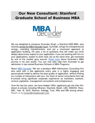 Our New Consultant: Stanford Graduate School of Business MBA