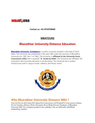 Bharathiar University Distance MBA Admission | MBATours |