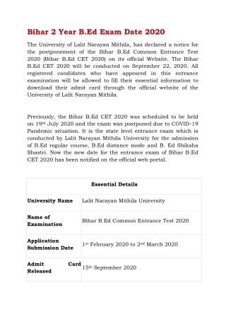 Bihar 2 Year B.Ed Exam Date 2020
