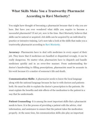 What Skills Make You a Trustworthy Pharmacist According to Ravi Morisetty