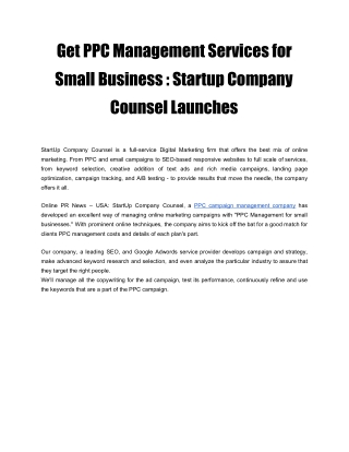 Get PPC Management Services for Small Business - Startup Company Counsel Launches