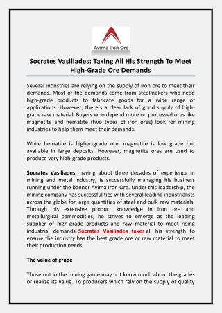 Socrates Vasiliades: Taxing All His Strength To Meet High-Grade Ore Demands